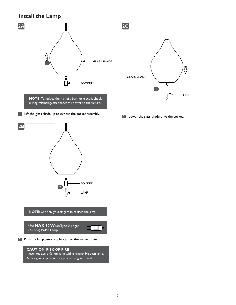 Install the lamp, 2a 2b 2c | LBL Lighting Relic No. 1 User Manual | Page 3 / 4