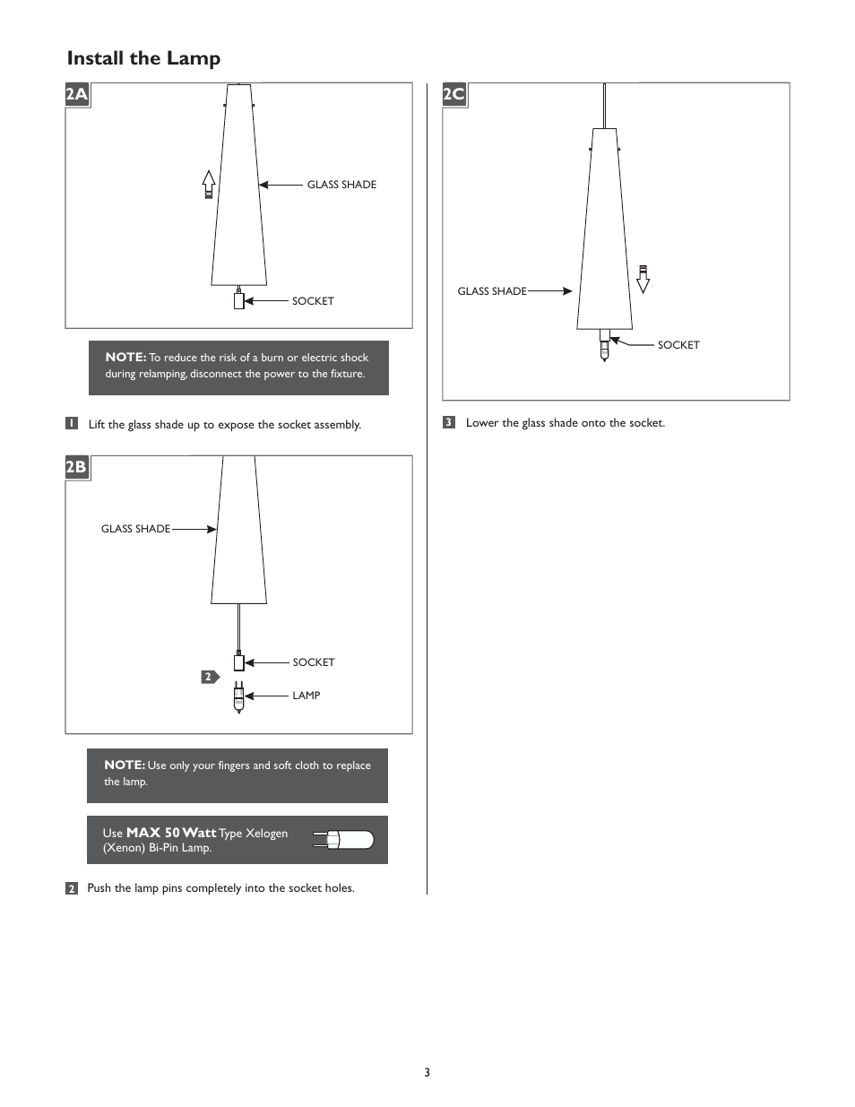 Install the lamp, 2a 2b 2c | LBL Lighting Mini-Pavia P User Manual | Page 3 / 4