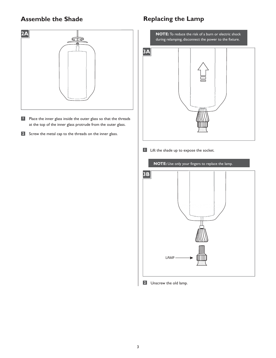 Assemble the shade, Replacing the lamp | LBL Lighting Mini-Mason PD User Manual | Page 3 / 4