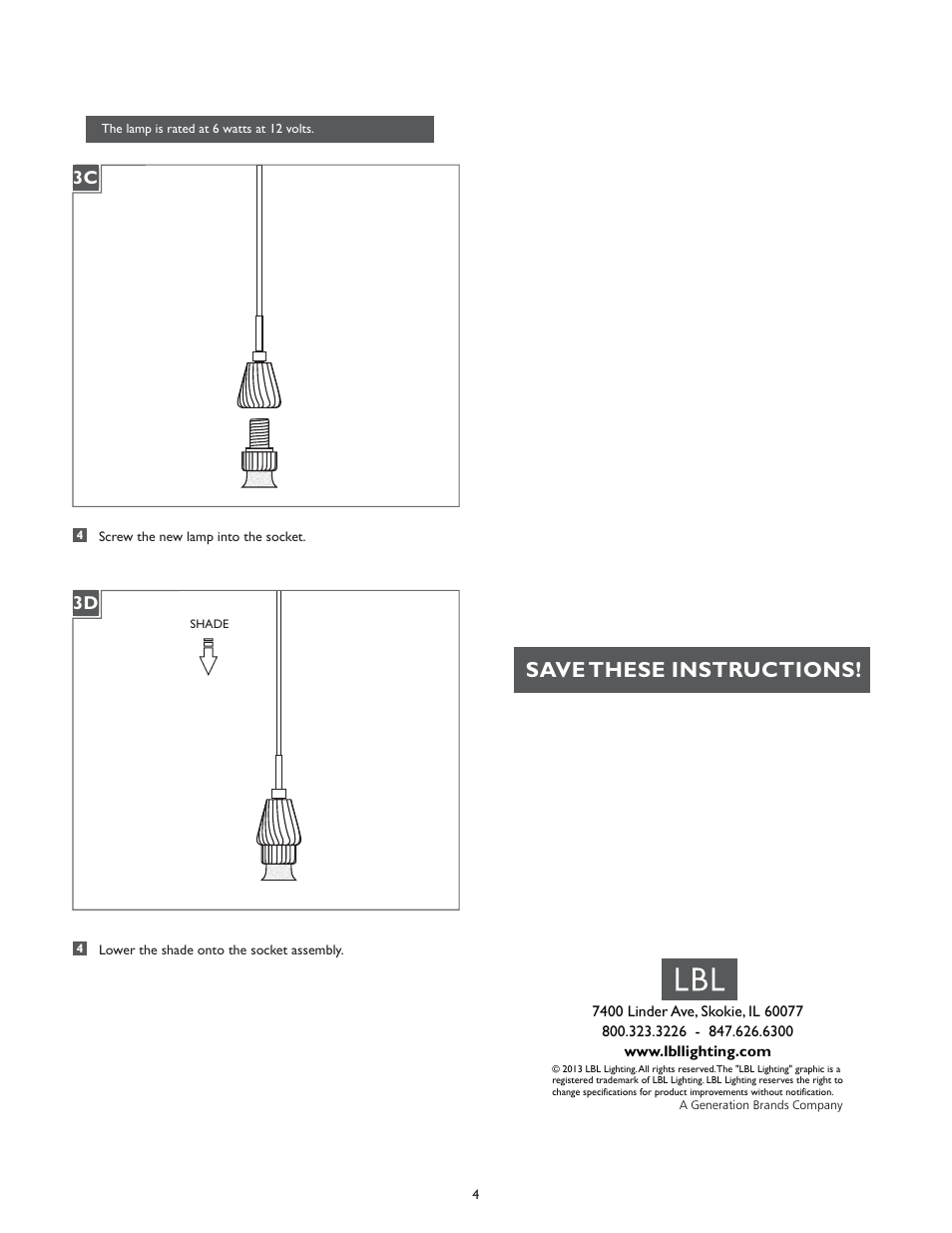 Save these instructions | LBL Lighting Mini-Mason PD User Manual | Page 4 / 4