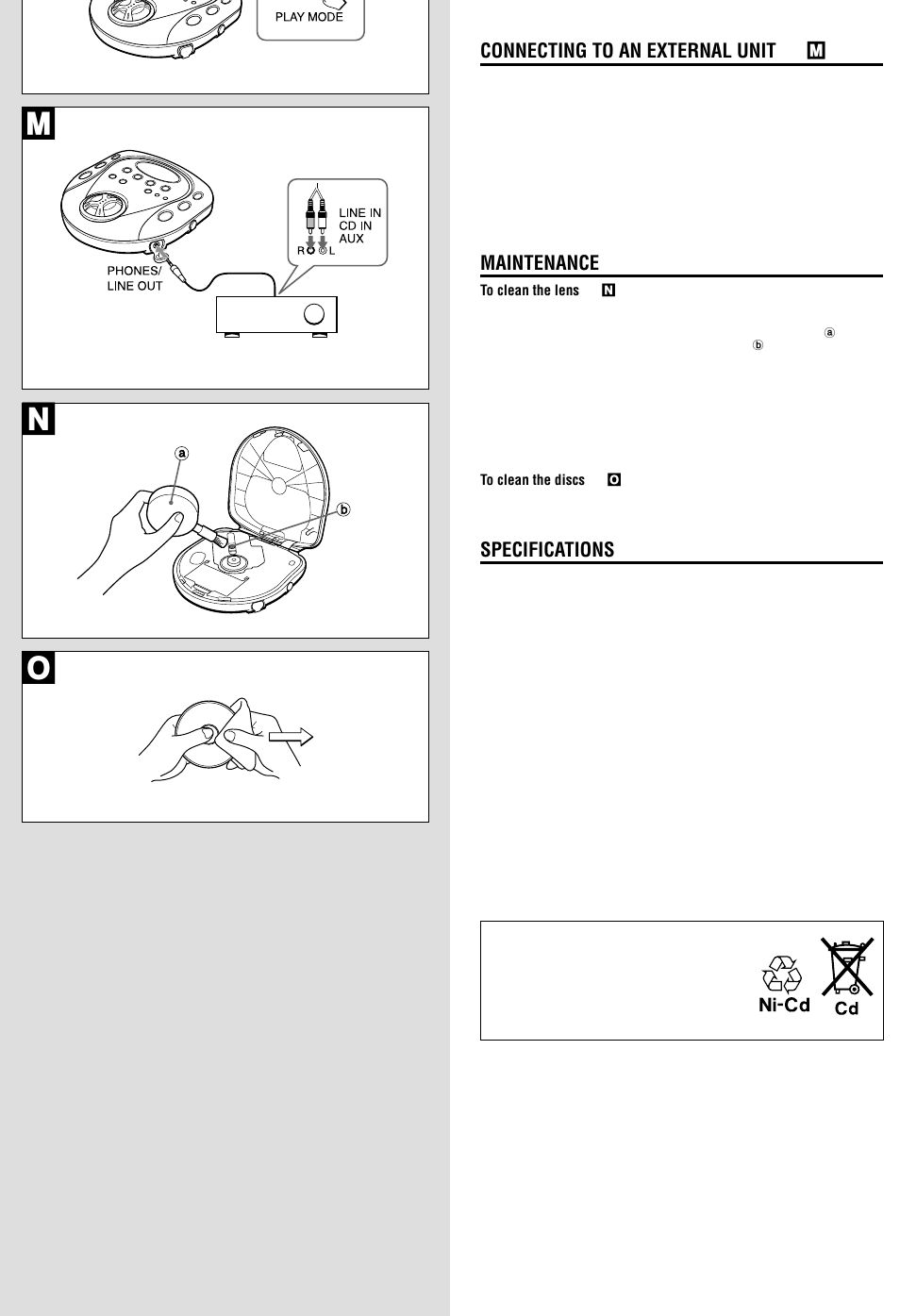 Mn o, Connecting to an external unit → m, Maintenance | Specifications | Aiwa XP-SP920 User Manual | Page 6 / 8