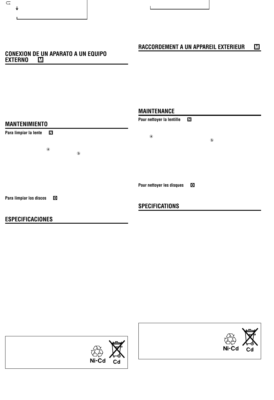 Raccordement a un appareil exterieur → m, Maintenance, Specifications | Conexion de un aparato a un equipo externo → m, Mantenimiento, Especificaciones | Aiwa XP-SP920 User Manual | Page 8 / 8