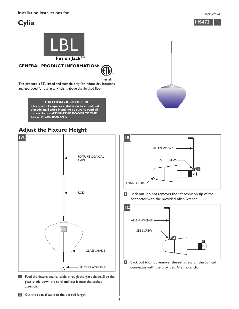 LBL Lighting Cylia P User Manual | 4 pages
