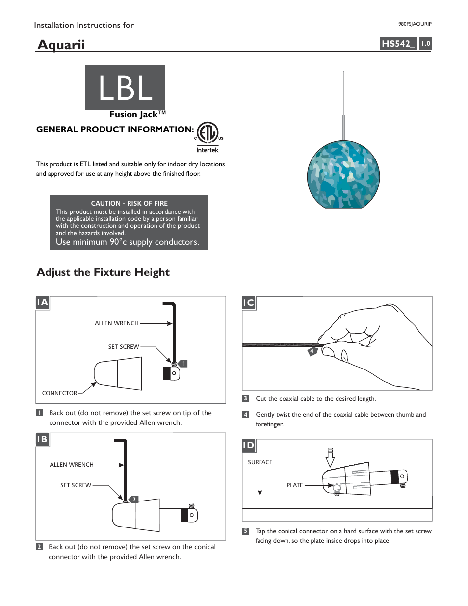 LBL Lighting Aquarii User Manual | 4 pages