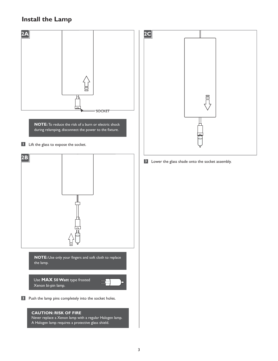 Install the lamp, 2a 2b 2c | LBL Lighting Rio P User Manual | Page 3 / 4