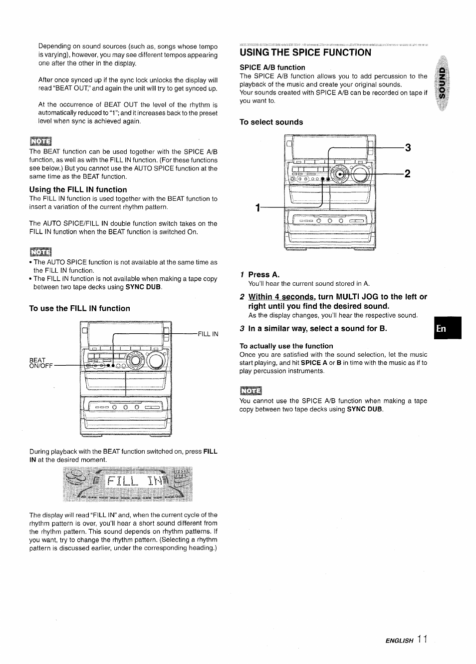 Using the spice function, To select sounds, Using the fill in function | To use the fill in function, 1 press a, 3 in a similar way, select a sound for b, To actually use the function, Fill ivv | Aiwa NSX-A888 User Manual | Page 11 / 92