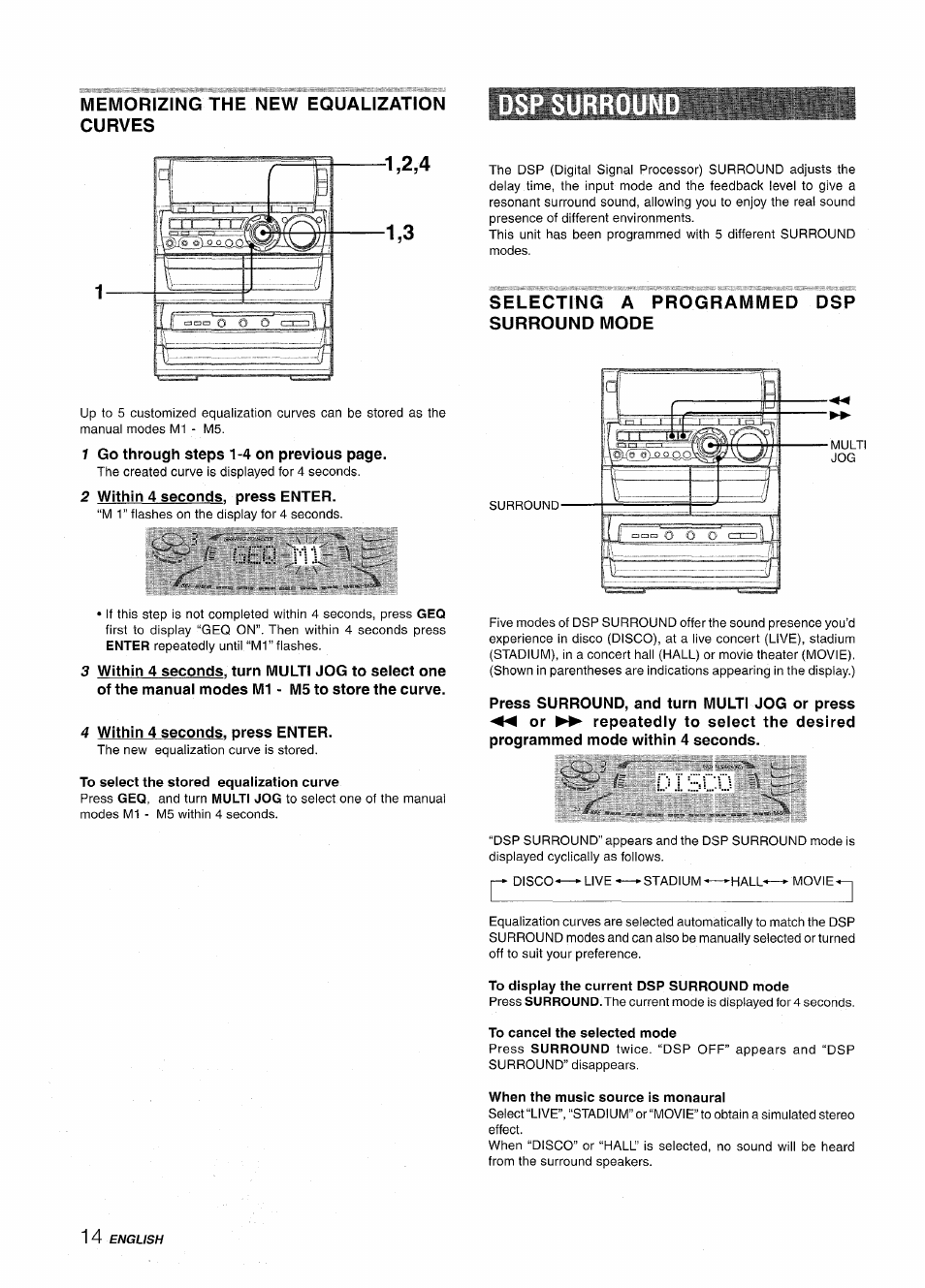 Memorizing the new equalization curves, 2 within 4 seconds, press enter, 4 within 4 seconds, press enter | Selecting a programmed dsp surround mode | Aiwa NSX-A888 User Manual | Page 14 / 92