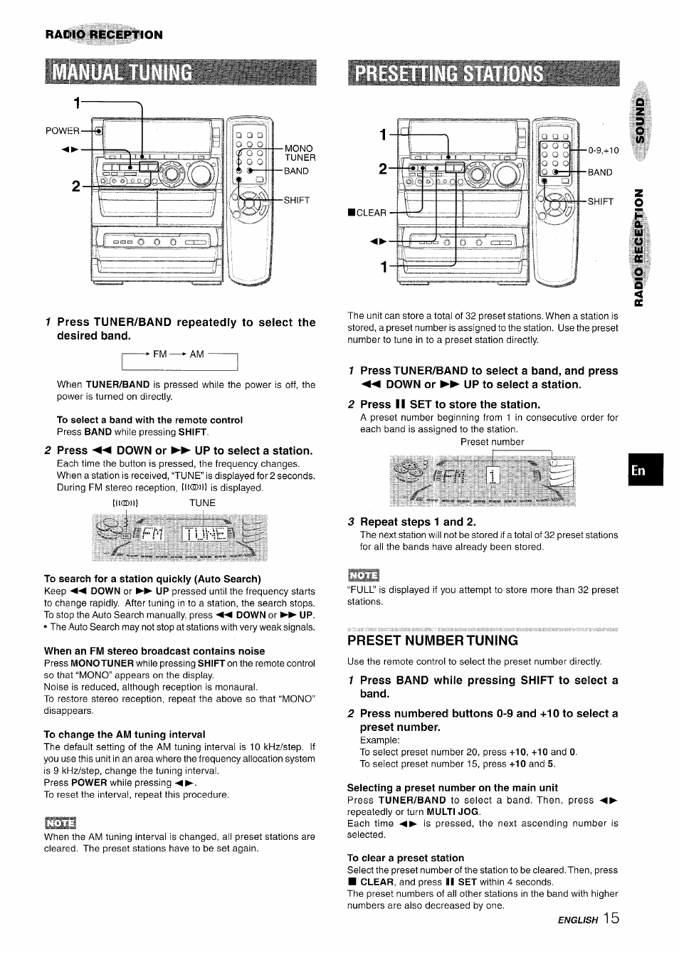 2 press ◄◄ down or ►► up to select a station, To search for a station quickly (auto search), When an fm stereo broadcast contains noise | To change the am tuning intervai, 2 press ii set to store the station, 3 repeat steps 1 and 2, Preset number tuning, 1 press band while pressing shift to select a band, To clear a preset station, Ruve | Aiwa NSX-A888 User Manual | Page 15 / 92