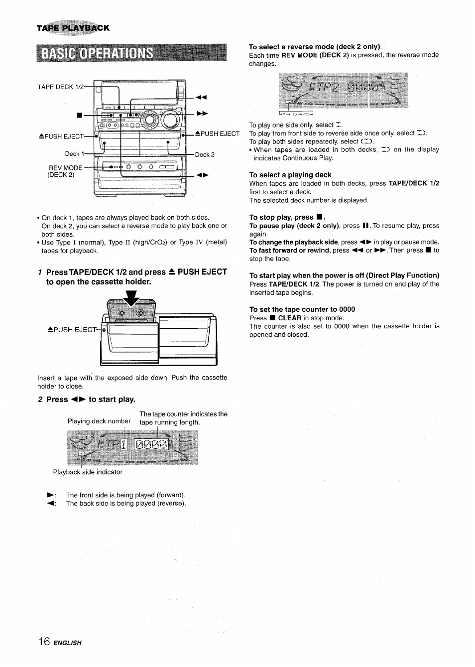 To select a reverse mode (deck 2 only), To select a playing deck, 2 press to start play | To stop play, press, Tpl 0000 | Aiwa NSX-A888 User Manual | Page 16 / 92