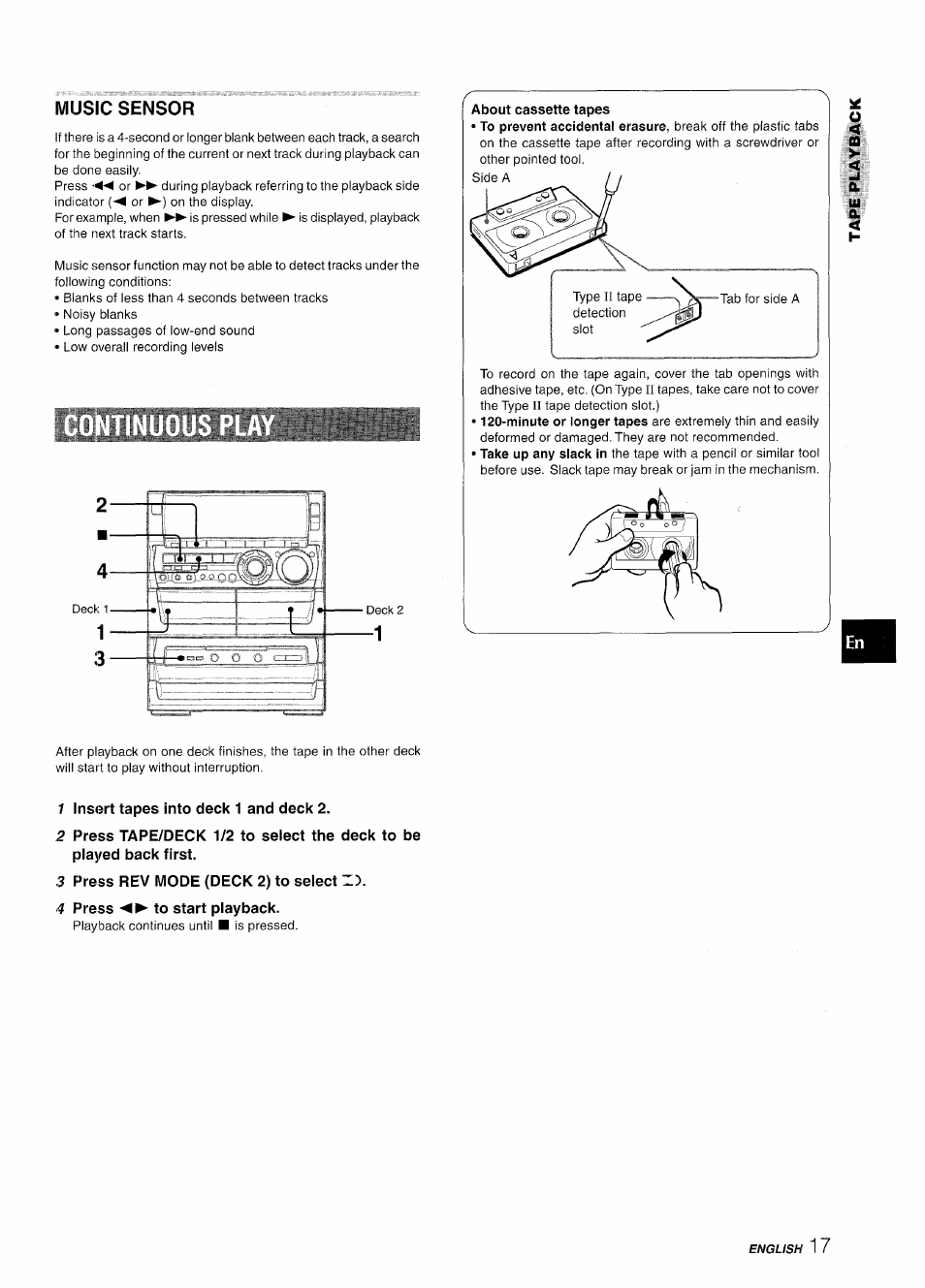 Music sensor, 1 insert tapes into deck 1 and deck 2, 3 press rev mode (deck 2) to select z5 | 4 press ◄►to start playback | Aiwa NSX-A888 User Manual | Page 17 / 92