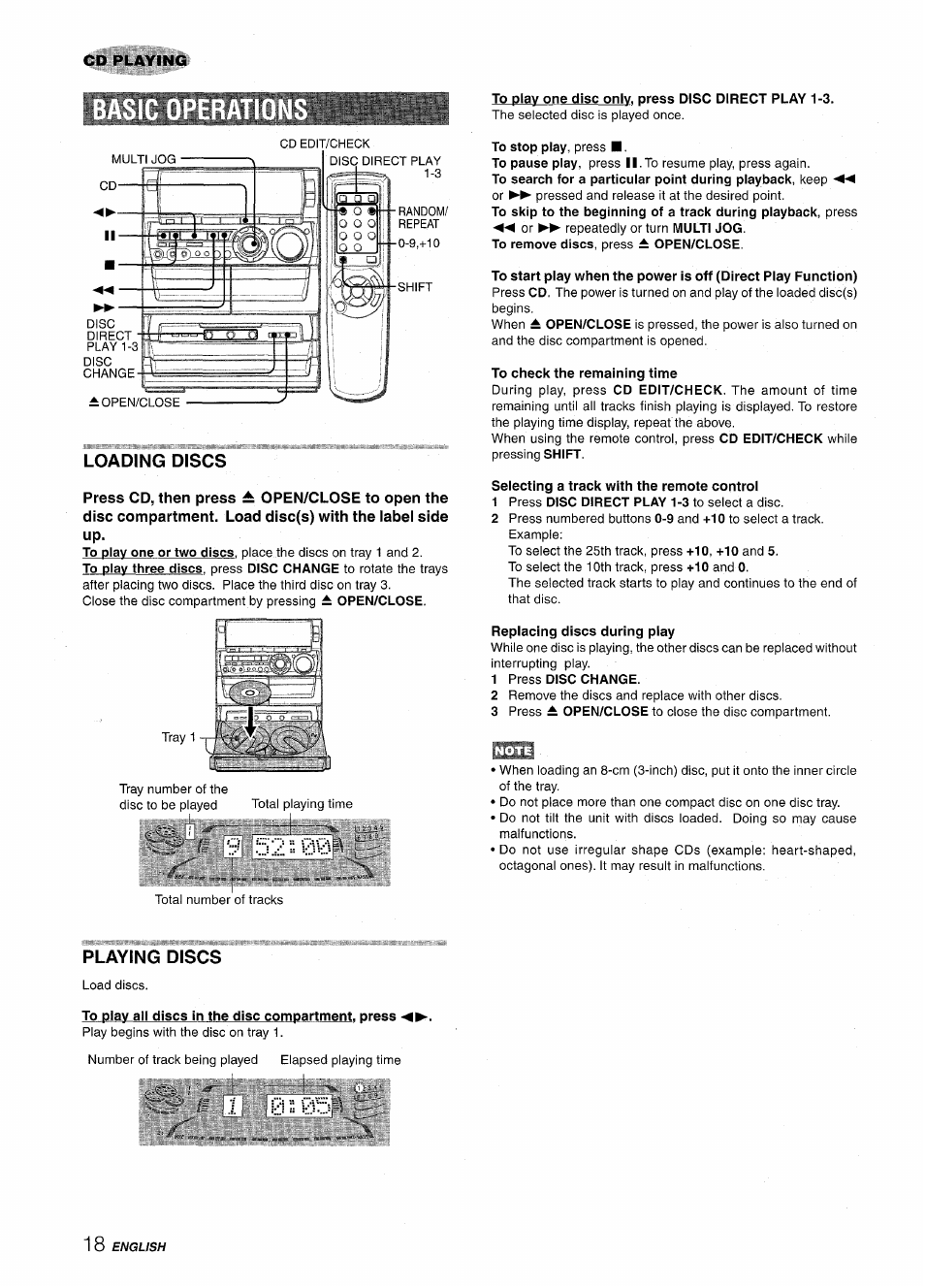 Loading discs, To play one disc only, press disc direct play 1-3, To check the remaining time | Selecting a track with the remote control, Replacing discs during piay, 1 press disc change, Playing discs, To play all discs in the disc compartment, press | Aiwa NSX-A888 User Manual | Page 18 / 92