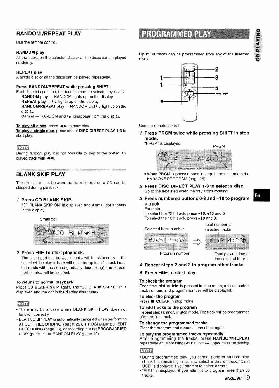 Random /repeat play, Random play, Repeat play | Press random/repeat while pressing shift, Blank skip play, 1 press cd blank skip, 2 press ◄►to start playback, To return to normal playback, Press disc direct play 1-3 to select a disc, 4 repeat steps 2 and 3 to program other tracks | Aiwa NSX-A888 User Manual | Page 19 / 92