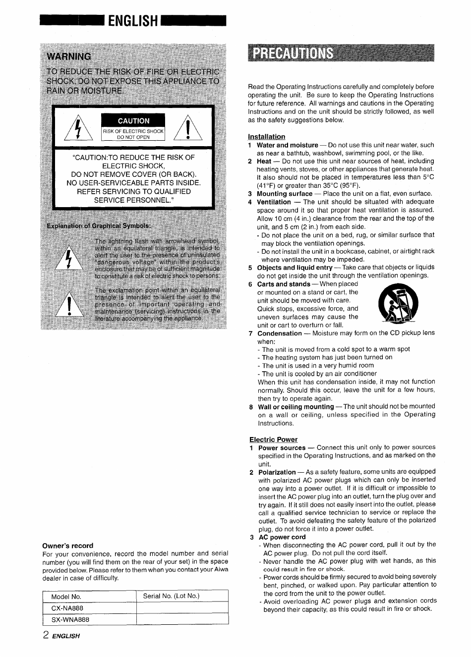 English, Warning, Installation | Owner’s record, Electric power | Aiwa NSX-A888 User Manual | Page 2 / 92