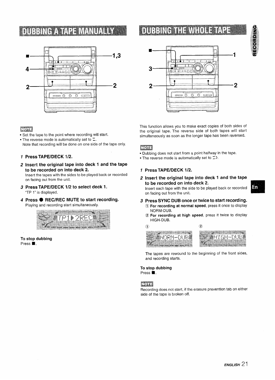 1 press tape/deck 1/2, 3 press tape/deck 1/2 to select deck 1, 4 press • rec/rec mute to start recording | 3 press sync dub once or twice to start recording, Mjrivi.........dub high.dub, Tp iik2re.c | Aiwa NSX-A888 User Manual | Page 21 / 92