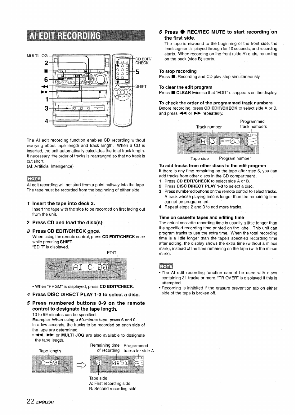 1 insert the tape into deck 2, 2 press cd and load the disc(s), 3 press cd edit/check once | To stop recording, To clear the edit program, To check the order of the programmed track numbers, Time on cassette tapes and editing time, 4 press disc direct play 1-3 to select a disc, I-i 3 !■■■'.03 | Aiwa NSX-A888 User Manual | Page 22 / 92