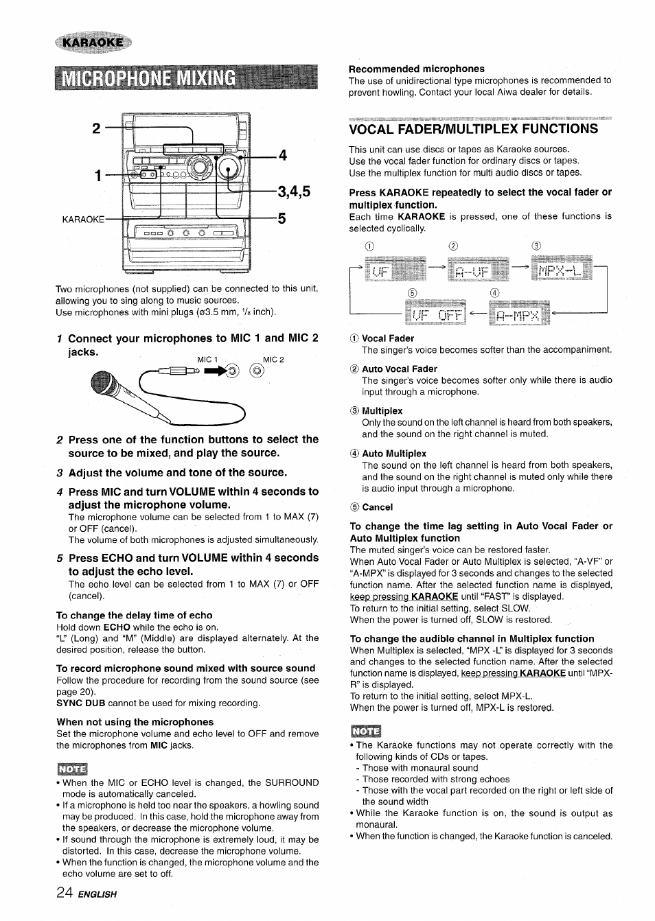 Recommended microphones, 3 adjust the volume and tone of the source, To record microphone sound mixed with source sound | When not using the microphones, Vocal fader/multiplex functions, Vocal fader, D multiplex, Auto multiplex, Cancel, Karaoke | Aiwa NSX-A888 User Manual | Page 24 / 92