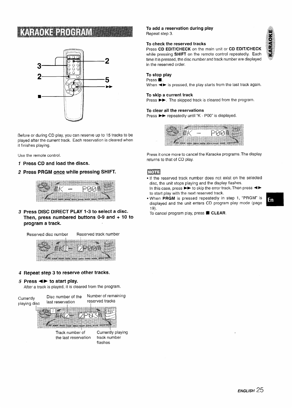 To add a reservation during play, To check the reserved tracks, To stop play | To clear all the reservations, 1 press cd and load the discs, 2 press prgm once while pressing shift, 4 repeat step 3 to reserve other tracks, 5 press ◄►to start play | Aiwa NSX-A888 User Manual | Page 25 / 92