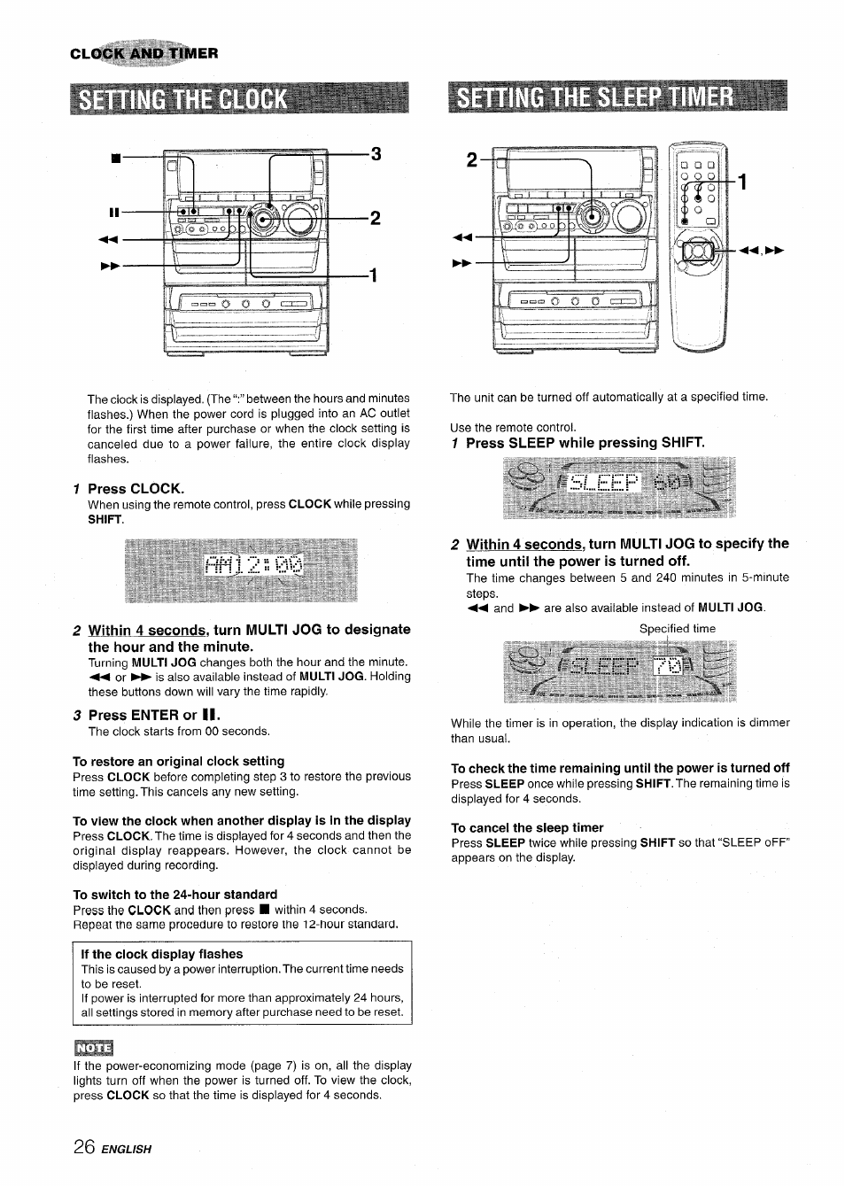 1 press clock, 3 press enter or ii, To restore an original clock setting | To switch to the 24-hour standard, If the clock display flashes, 1 press sleep while pressing shift, To cancel the sleep timer, Clock and timer | Aiwa NSX-A888 User Manual | Page 26 / 92