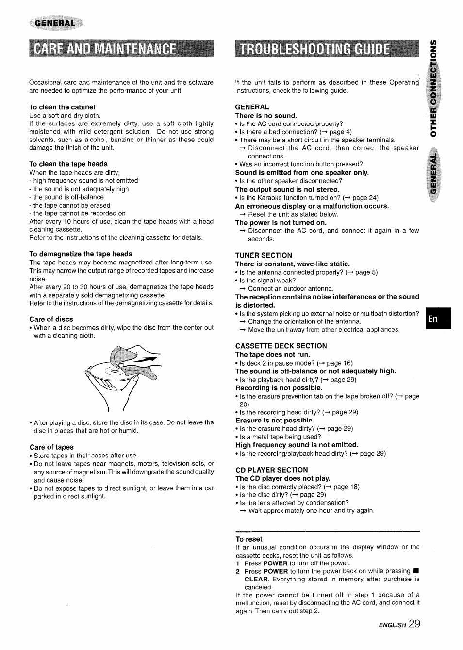 To clean the cabinet, To clean the tape heads, General there is no sound | To demagnetize the tape heads, Care of discs, Care of tapes, Tuner section, Cassette deck section the tape does not run, Cd player section the cd player does not play, To reset | Aiwa NSX-A888 User Manual | Page 29 / 92