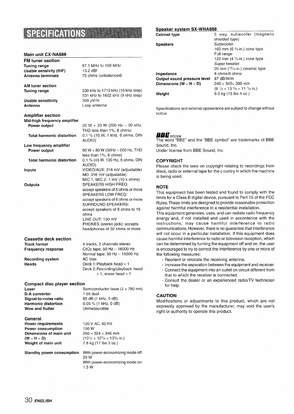 Speaker system sx-wna888, Main unit cx-na888, Compact disc player section | General, Copyright, Note, Caution | Aiwa NSX-A888 User Manual | Page 30 / 92