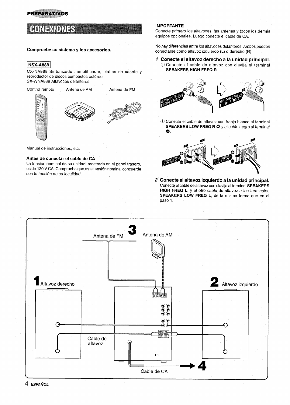 1 conecte el altavoz derecho a la unidad principal, Preparativos | Aiwa NSX-A888 User Manual | Page 34 / 92