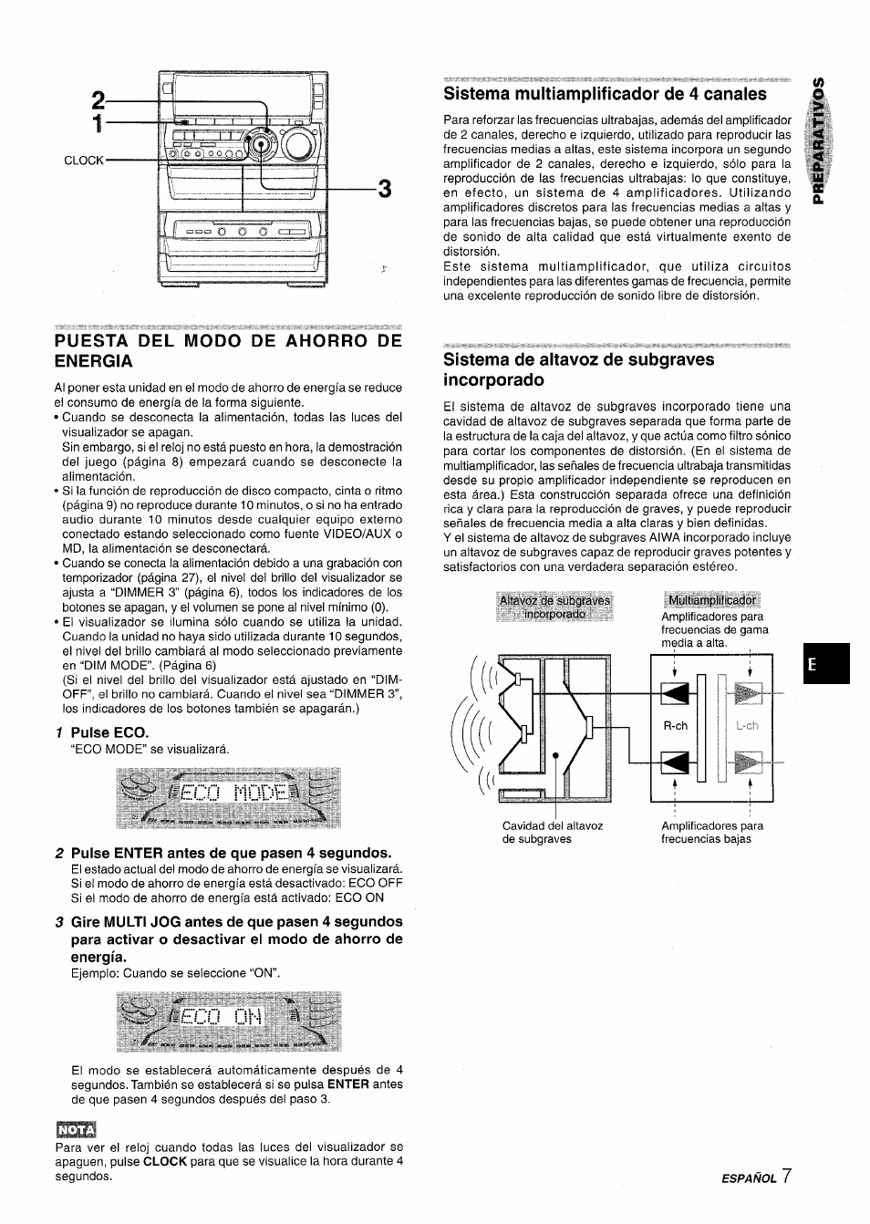 Sistema multiamplificador de 4 canales, Puesta del modo de ahorro de energia, 1 pulse eco | Eco müde, 2 pulse enter antes de que pasen 4 segundos, Sistema de altavoz de subgraves incorporado, E-uü ülm | Aiwa NSX-A888 User Manual | Page 37 / 92