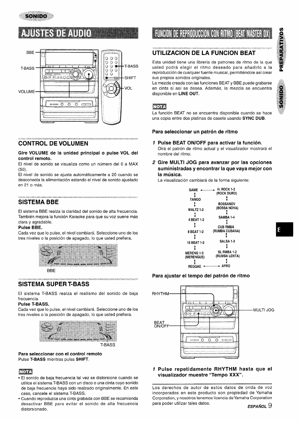 Control de volumen, Sistema bbe, Sistema super t-bass | Utilizacion de la funcion beat, Para seleccionar un patrón de ritmo, 1 pulse beat on/off para activar la función, Para ajustar ei tempo del patrón de ritmo, Sonido | Aiwa NSX-A888 User Manual | Page 39 / 92