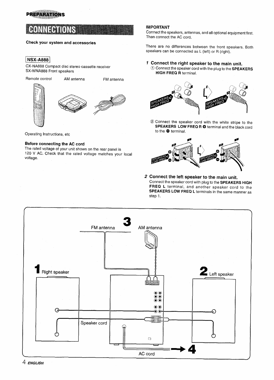 Check your system and accessories, Before connecting the ac cord, Important | F connect the right speaker to the main unit, 2 connect the left speaker to the main unit, Fm antenna, Am antenna, Preparations | Aiwa NSX-A888 User Manual | Page 4 / 92