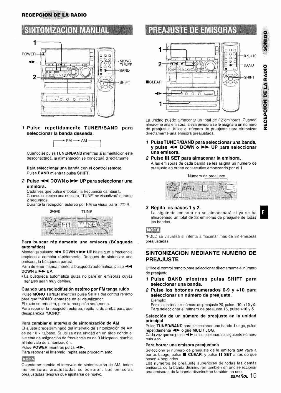 Para seleccionar una banda con el control remoto, Para cambiar el intervalo de sintonización de am, Sintonizacion mediante numero de preajuste | Fm 'm-e | Aiwa NSX-A888 User Manual | Page 45 / 92