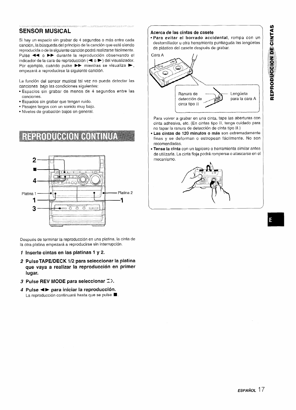 Sensor musical, Acerca de las cintas de casete, 1 inserte cintas en las platinas 1 y 2 | 3 pulse rev mode para seleccionar hx, 4 pulse o- para iniciar la reproducción | Aiwa NSX-A888 User Manual | Page 47 / 92