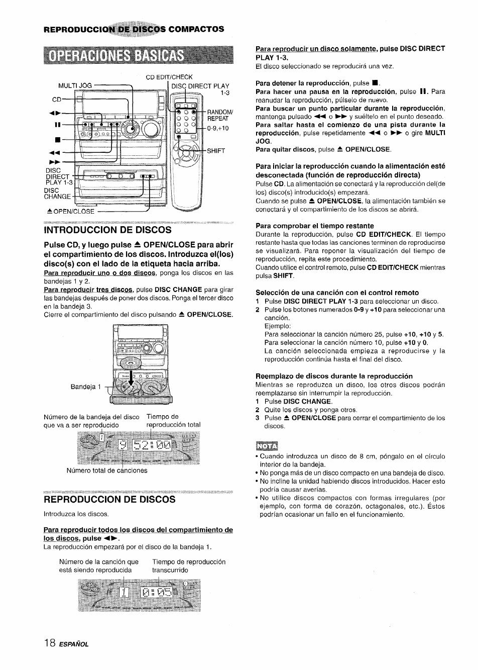 Introduccion de discos, Para detener la reproducción, pulse, Para comprobar el tiempo restante | Selección de una canción con el control remoto, Reemplazo de discos durante la reproducción, 1 pulse disc change, Reproduccion de discos, Reproduccion de discos compactos | Aiwa NSX-A888 User Manual | Page 48 / 92