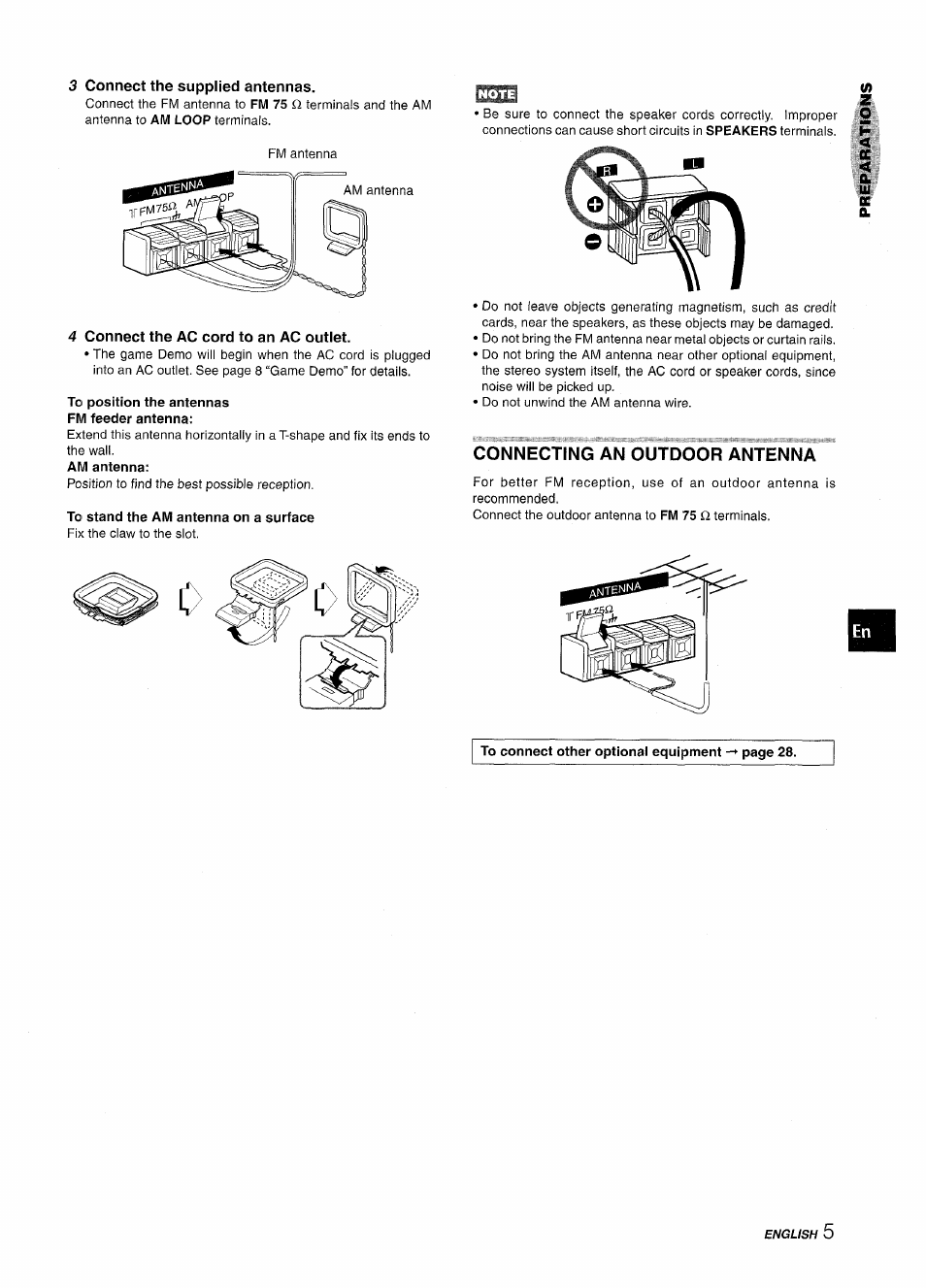3 connect the supplied antennas, 4 connect the ac cord to an ac outlet, To position the antennas fm feeder antenna | To stand the am antenna on a surface, Connecting an outdoor antenna | Aiwa NSX-A888 User Manual | Page 5 / 92
