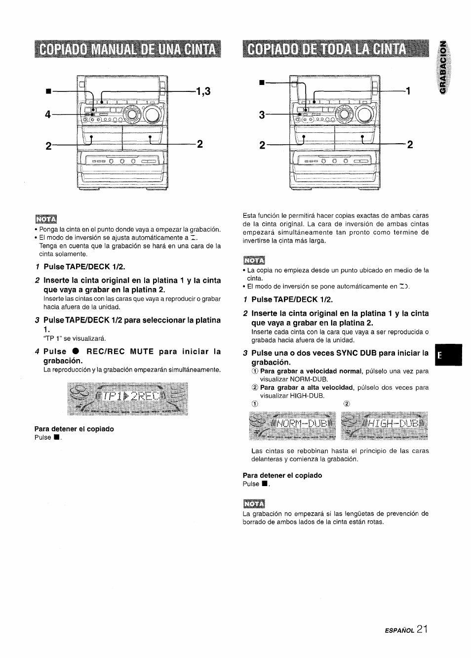 Copiado manual de una cinta, 1 pulse tape/deck 1/2, 3 pulse tape/deck 1/2 para seleccionar la platina | 4 pulse # rec/rec mute para iniciar la grabación, Para detener el copiado, Tf ík2rt.c, Nüffi ..dib high | Aiwa NSX-A888 User Manual | Page 51 / 92