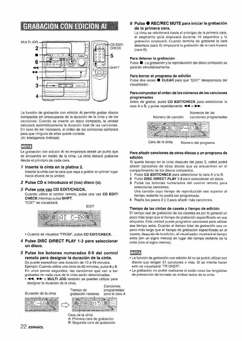 1 inserte la cinta en la platina 2, 2 pulse cd e introduzca el (los) disco (s), 3 pulse una vez cd edit/check | Para detener la grabación, Para borrar el programa de edición, U 3 p 03, Tiempo de las cintas de casete y tiempo de edición, U 3 p | Aiwa NSX-A888 User Manual | Page 52 / 92