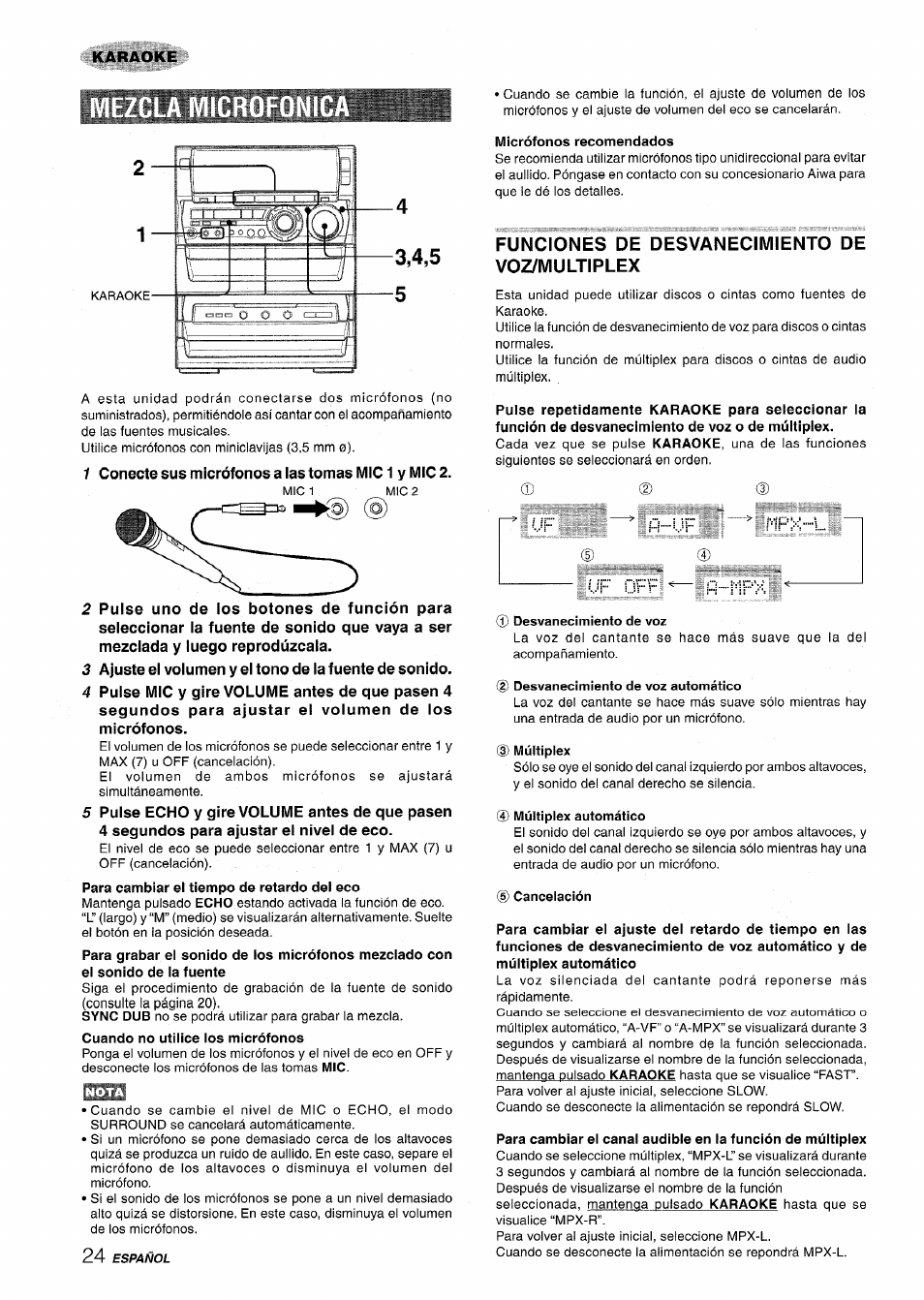 Micrófonos recomendados, Funciones de desvanecimiento de voz/multiplex, D (d | Karaoke 3,4,5 -5 | Aiwa NSX-A888 User Manual | Page 54 / 92