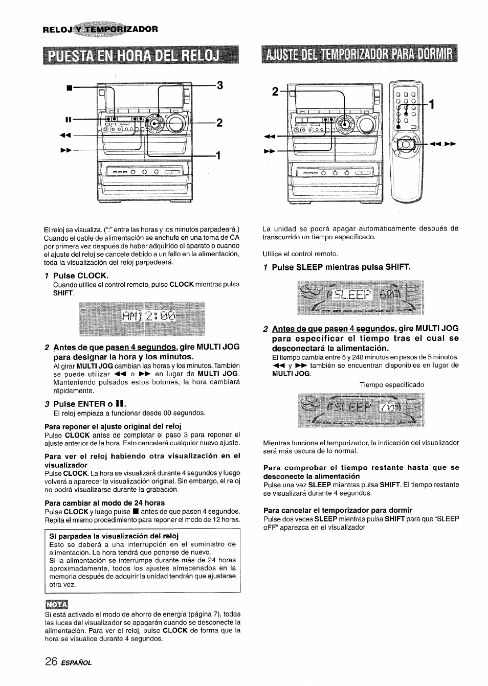 Emporizador para dormir, 1 pulse clock, 1 pulse sleep mientras pulsa shift | Rr i 12 i: 00, 3 pulse enter o ii, Para cambiar ai modo de 24 horas, Si parpadea la visualización del reloj, Para cancelar el temporizador para dormir, Reloj y temporizador | Aiwa NSX-A888 User Manual | Page 56 / 92