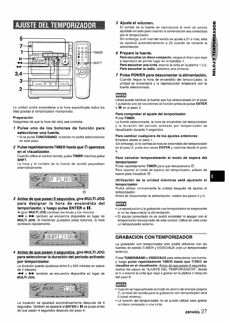Ajuste del temporizador, Grabacion contemporizador, Nota | Aiwa NSX-A888 User Manual | Page 57 / 92