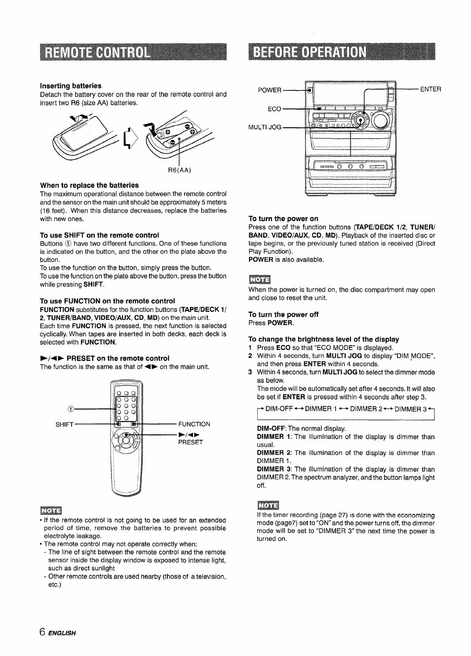 Inserting batteries, To use shift on the remote control, To use function on the remote control | Preset on the remote control, To turn the power on, To change the brightness level of the display | Aiwa NSX-A888 User Manual | Page 6 / 92