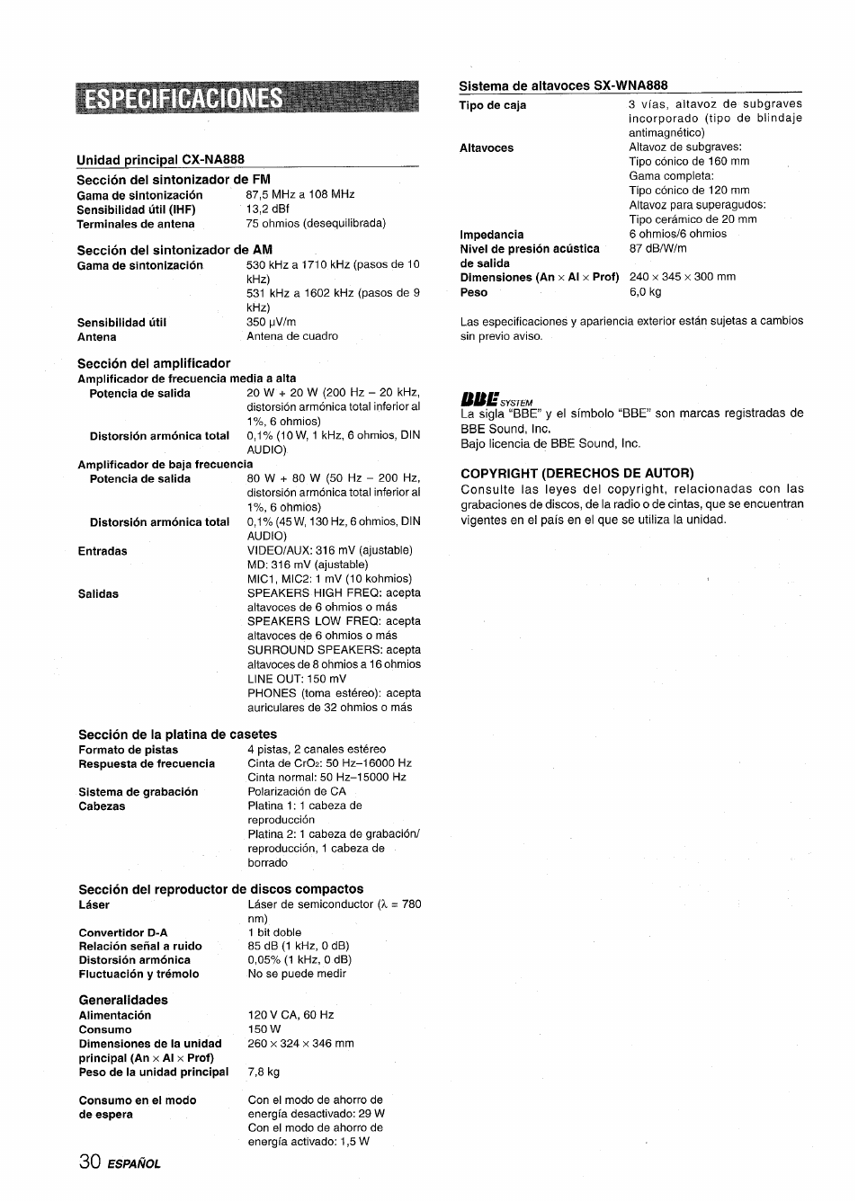 Sistema de altavoces sx-wna888, Unidad principal cx-na888, Sección del sintonizador de am | Sección del amplificador, Copyright (derechos de autor), Sección de la platina de casetes, Sección dei reproductor de discos compactos, Generalidades | Aiwa NSX-A888 User Manual | Page 60 / 92