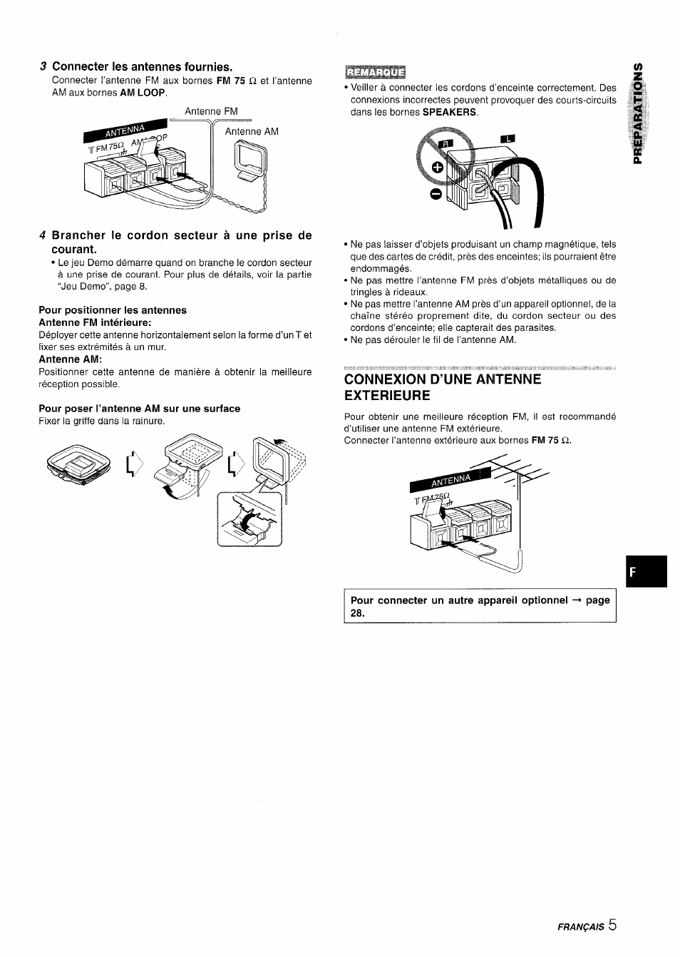 3 connecter les antennes fournies, Pour poser l’antenne am sur une surface, Connexion d’une antenne exterieure | Pour connecter un autre appareil optionnel 28, Remarque | Aiwa NSX-A888 User Manual | Page 65 / 92