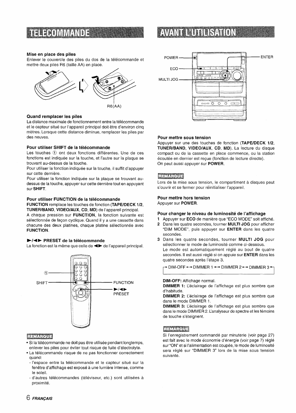Mise en place des piles, Quand remplacer les piles, Pour utiliser shift de la télécommande | Preset de la télécommande, Pour mettre sous tension, Pour mettre hors tension | Aiwa NSX-A888 User Manual | Page 66 / 92