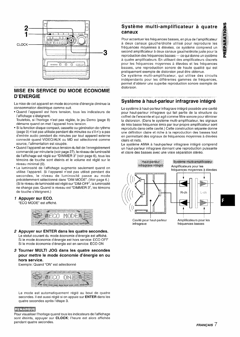 Mise en service du mode economie d’energie, 1 appuyer sur eco, Eco nud | 2 appuyer sur enter dans les quatre secondes, Système multi-amplificateur à quatre canaux, Système à haut-parleur infragrave intégré, Eco iji | Aiwa NSX-A888 User Manual | Page 67 / 92