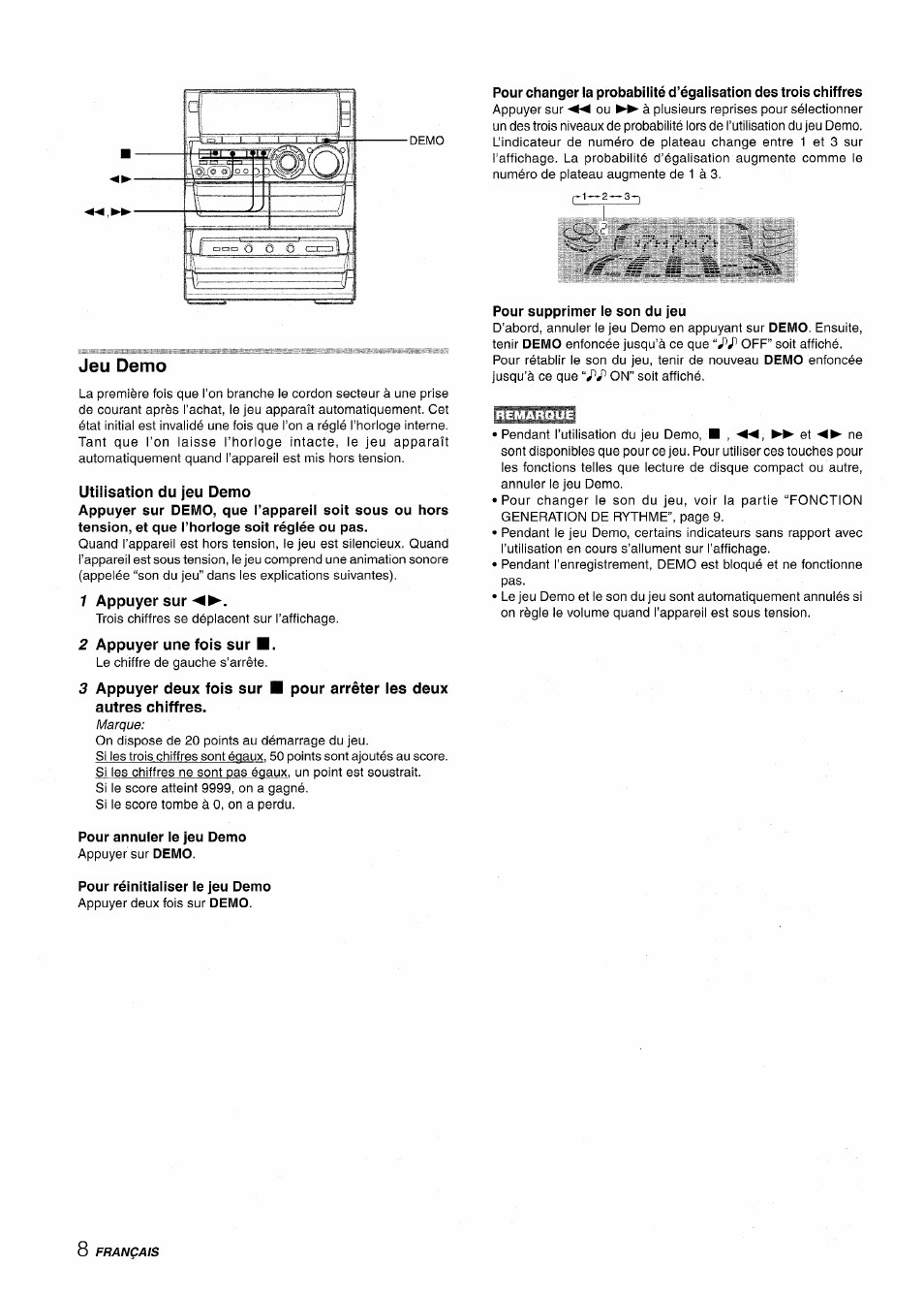 Jeu demo, Utilisation du jeu demo, 1 appuyer sur | 2 appuyer une fois sur, Pour annuler le jeu demo, Pour réinitialiser le jeu demo, Pour supprimer le son du jeu | Aiwa NSX-A888 User Manual | Page 68 / 92