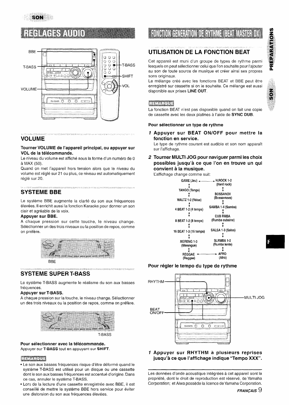 Volume, Systeme bbe, Systeme super t-bass | Pour sélectionner avec la télécommande, Utilisation de la fonction beat, Pour sélectionner un type de rythme, Pour régler le tempo du type de rythme, Remarqu | Aiwa NSX-A888 User Manual | Page 69 / 92