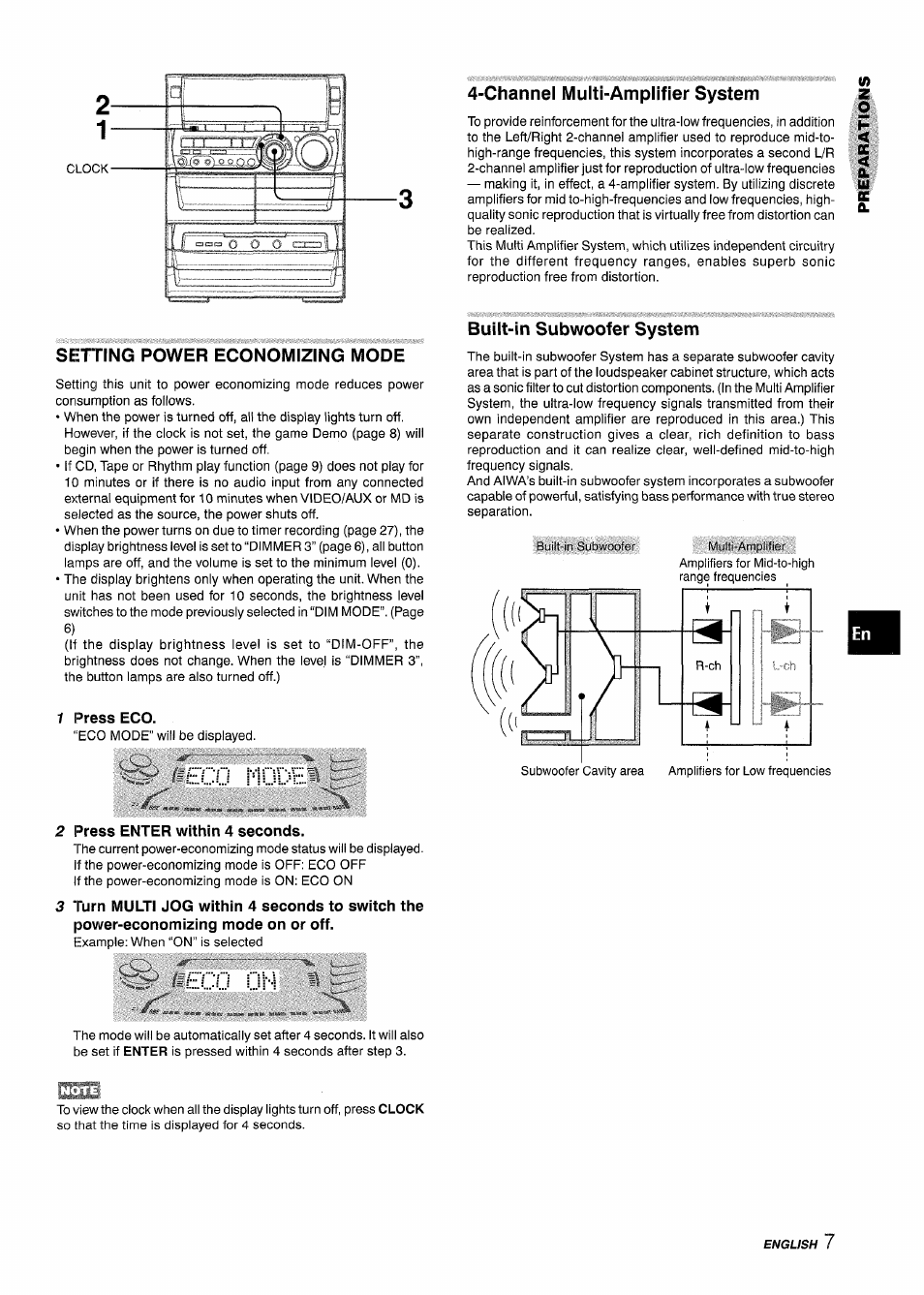 Channel multi-amplifier system, Seetting power economizing mode, 1 press eco | Built-in subwoofer system, 2 press enter within 4 seconds, Euu mdde, Eco oi-i | Aiwa NSX-A888 User Manual | Page 7 / 92