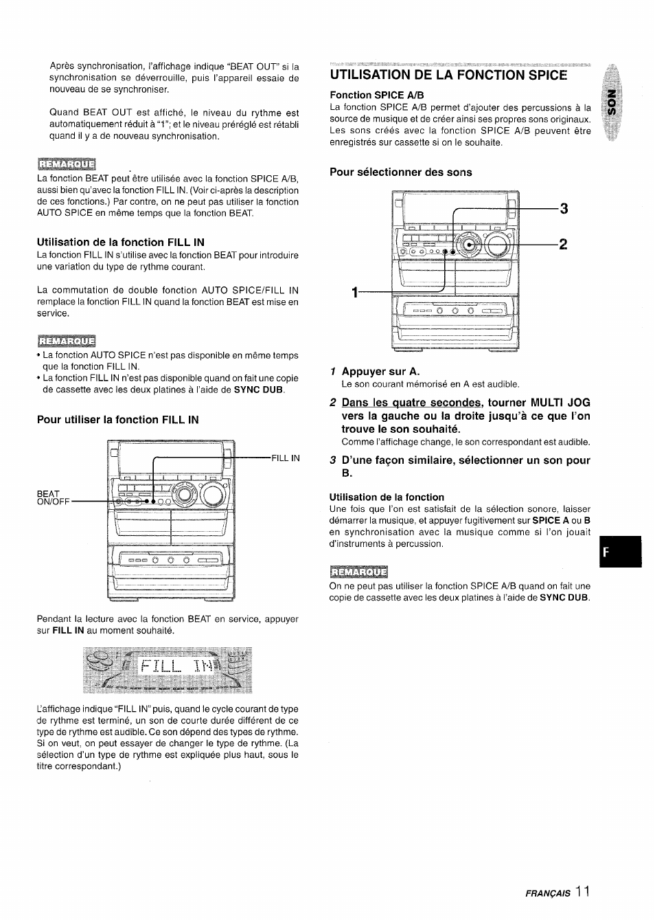 Utilisation de la f-onction spice, Fonction spice a/b, Utilisation de la fonction fill in | Pour sélectionner des sons, Pour utiliser la fonction fill in, 1 appuyer sur a, Utilisation de la fonction, Fill ih, Remarqu, Remarque | Aiwa NSX-A888 User Manual | Page 71 / 92