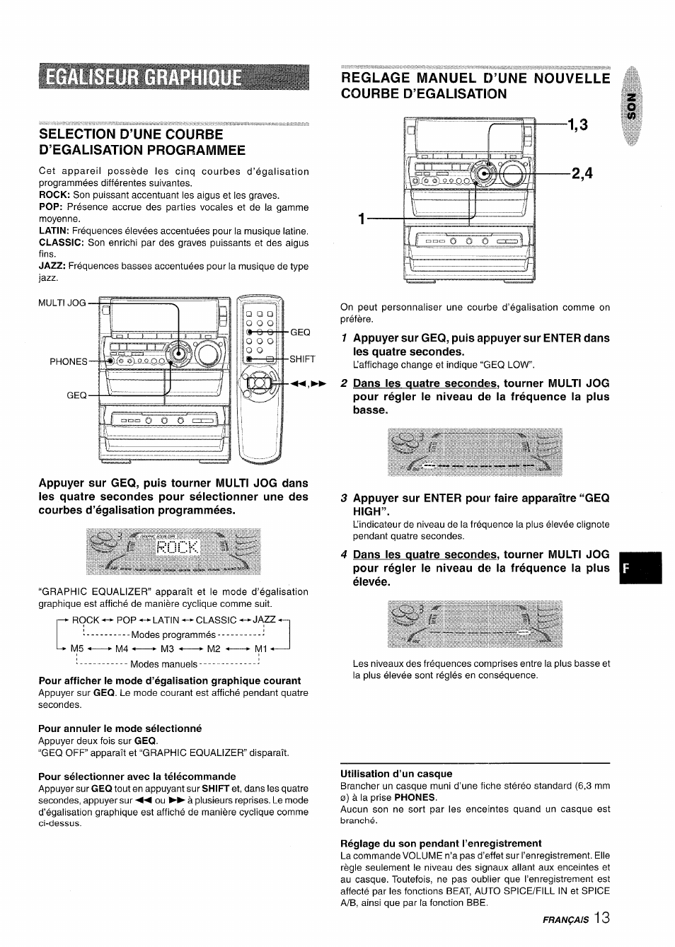 Selection d’une courbe d’egalisation programmee, Pour annuier ie mode séiectionné, Pour sélectionner avec la télécommande | Utilisation d’un casque, Réglage du son pendant l’enregistrement, Bi®rücî3 | Aiwa NSX-A888 User Manual | Page 73 / 92