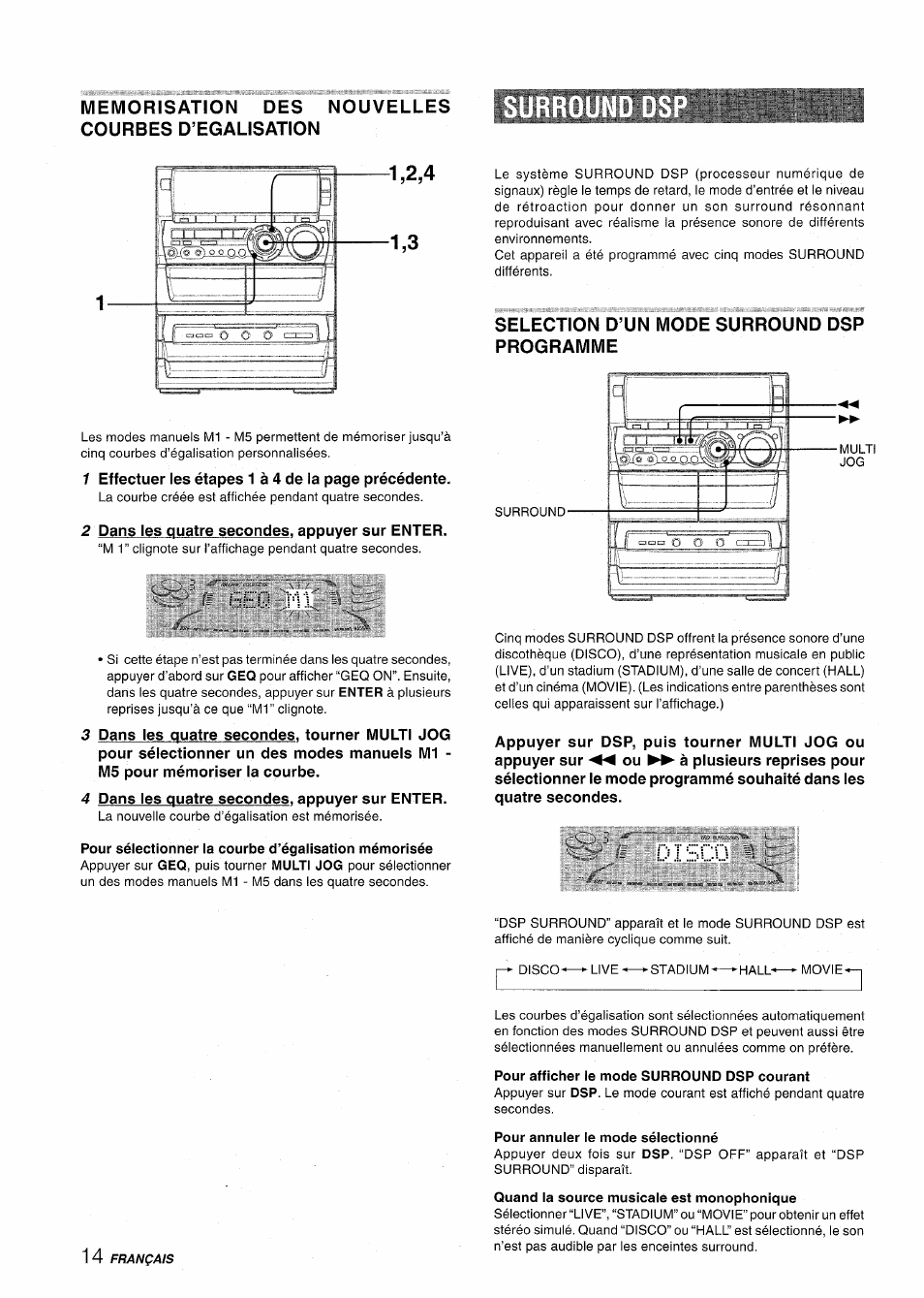 Selection d’un mode surround dsp programme, Disco, Pour afficher le mode surround dsp courant | Pour annuler le mode sélectionné, Quand la source musicale est monophonique | Aiwa NSX-A888 User Manual | Page 74 / 92