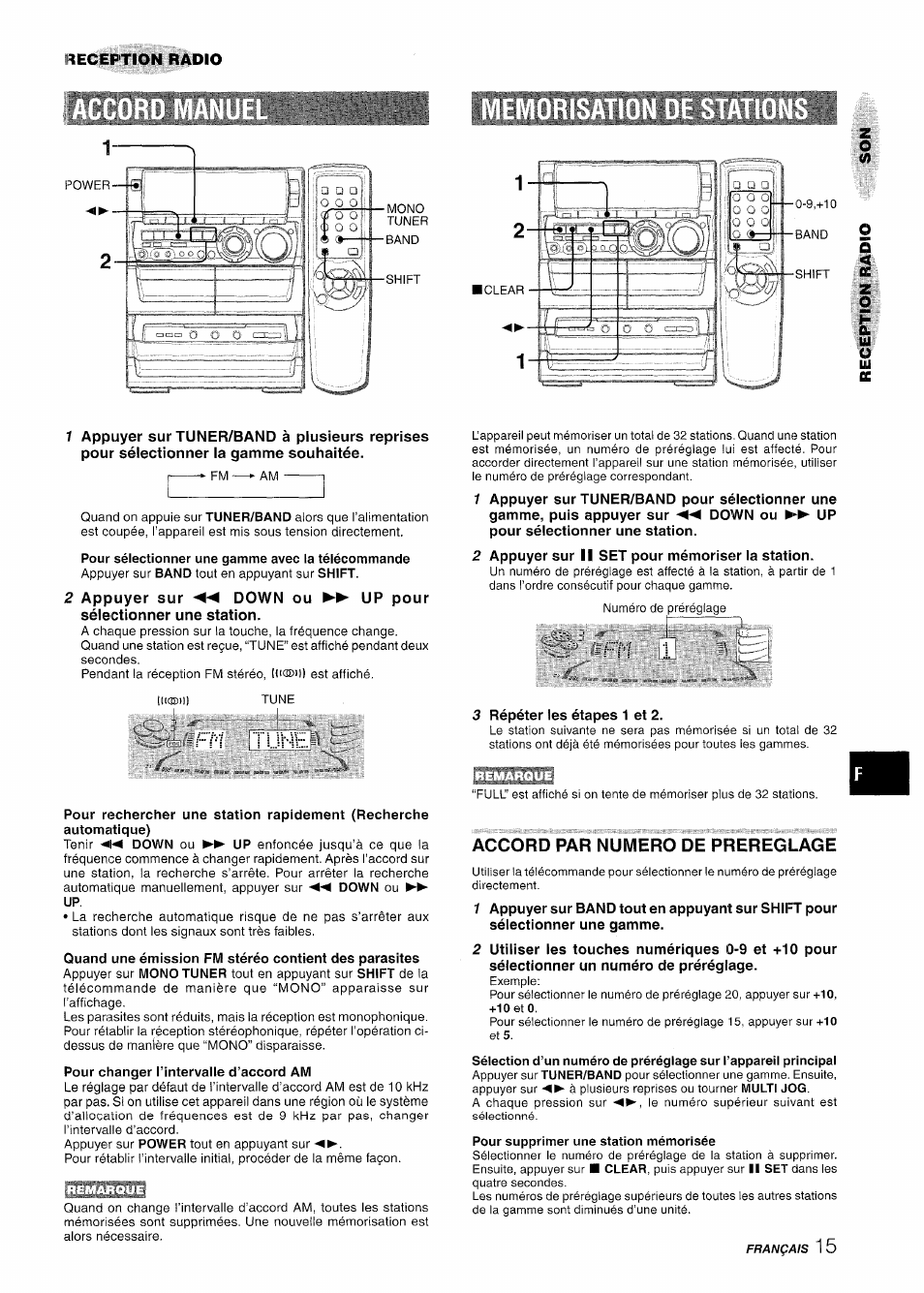 Pour sélectionner une gamme avec la télécommande, Accord par numero de prereglage, Fm tl..jhe | Fm 1, Deception radio, Remarque | Aiwa NSX-A888 User Manual | Page 75 / 92