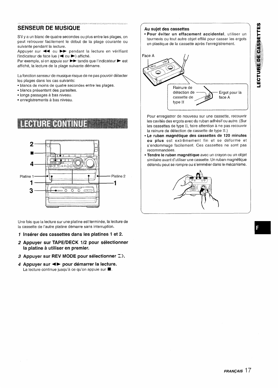 Senseur de musique, 1 insérer des cassettes dans les platines 1 et 2, 3 appuyer sur rev mode pour sélectionner zx | 4 appuyer sur pour démarrer la lecture | Aiwa NSX-A888 User Manual | Page 77 / 92
